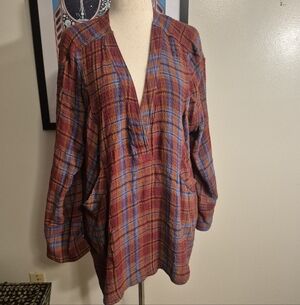 Free People Plaid V-Neck Tunic in Rust, Blue Gorgeous Fall Colors S Oversized